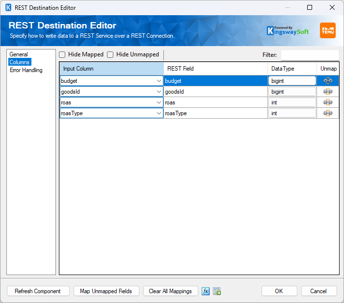 SSIS Temu REST Destination - Columns SSIS Temu REST Destination - Columns